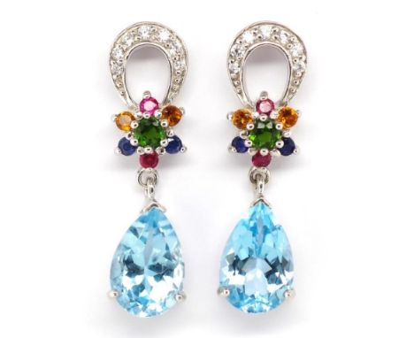 Pair of silver and topaz drop earrings set with treated ruby, sapphire and garnets. With butterfly stud fittings