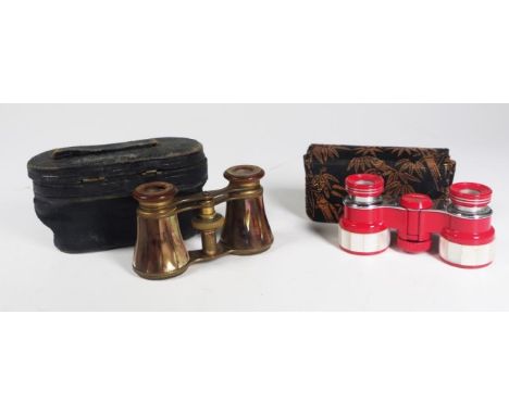 Pair vintage Mother of Pearl cased opera glasses in leather case, (worn); together with another contemporary pair opera glass