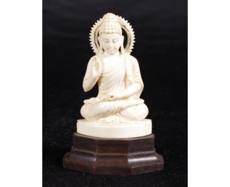 Vintage Oriental ivory Buddha figure on stand seated Buddha on fitted wood stand. This item may not be exported. (Height 10cm