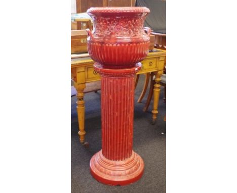 Antique red two handled Jardiniere marked AULT, with near matching stand, with bamboo and floral decorations, (damage to stan