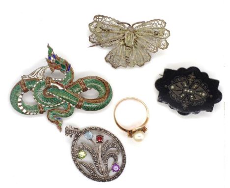 A group of three brooches, a ring and a pendant includes an enamel dragon pieces marked sterling Siam. As well as a mourning 