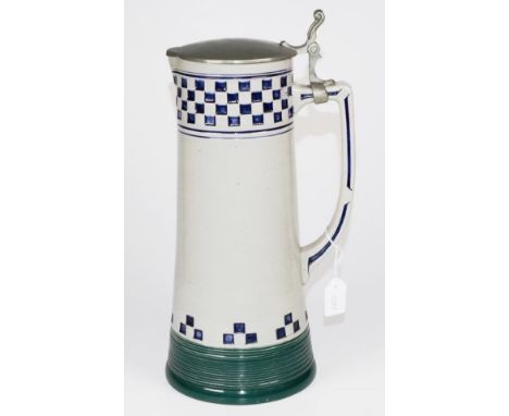 German Rosskopk &amp; Gerz ceramic master stein blue &amp; white figural decoration, pewter lid, marked to base # 661, marked