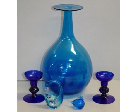 Five vintage blue glass items comprising of a retro hand blown bubble glass vase 34cm high, a pair of candlesticks 10.5cm and