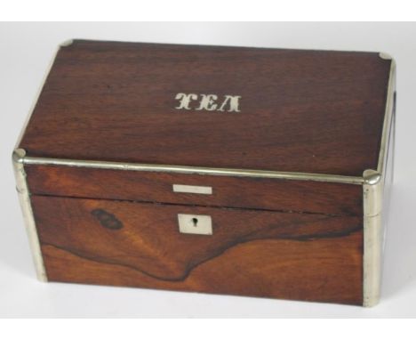 Regency rosewood &amp; silver tea caddy rosewood with silver borders and corners, with 2 interior lidded compartments, circa 