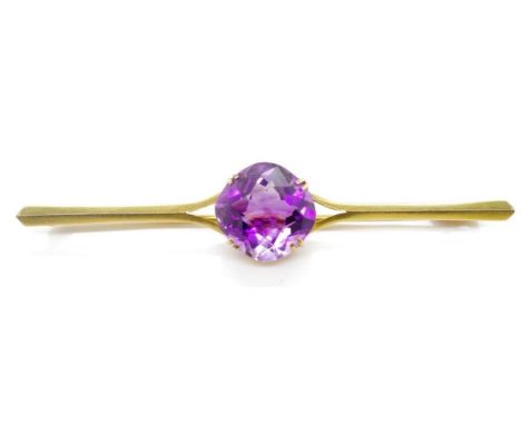 Amethyst and gold brooch unmarked approx weight 5 grams. Tests as 12ct