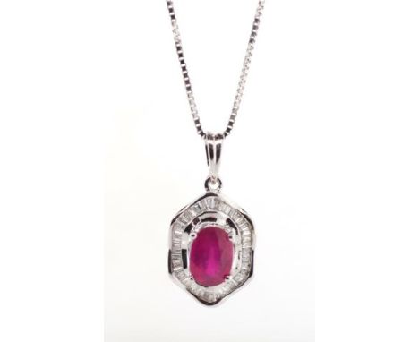 Ruby, diamond and 18ct gold pendant on chain ruby centre stone with a tapered diamond baguette surround. Approx ruby weight 1