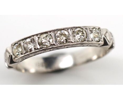 Six stone diamond and 18ct white gold ring marked 18ct approx weight 2.98 grams, ring size M. Circa early 20th c.