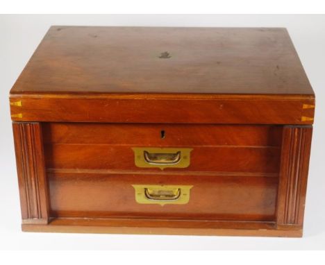 Harrison Brothers and Howson cutlery box with brass handles and trim, on two drawers and opening top. 46cm wide, by 36cm deep