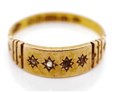 Victorian 15ct yellow gold ring marked Birmingham 1887. Approx weight 1.95 grams weight. Two diamonds missing