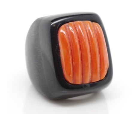 Coral set ebony ring approx ring size M-N