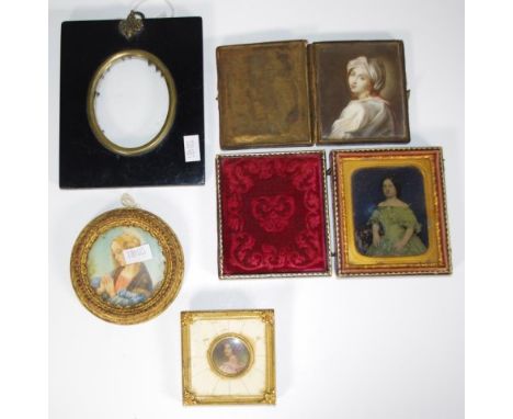 Three vintage framed portrait miniatures, a Georgian frame &amp; a cased daguerreotype