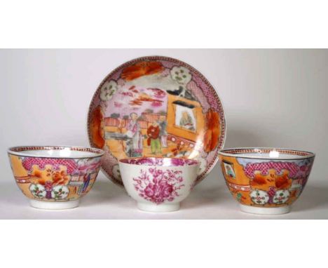 Pair late 18th New Hall tea bowls and one matching saucer, all with garden decoration, (height 5.5cm approx, each tea bowl); 