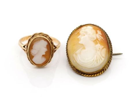 Gold and carved shell cameo ring as well as carved cameo set in a base metal brooch. Approx ring total weight 3.7 grams, ring