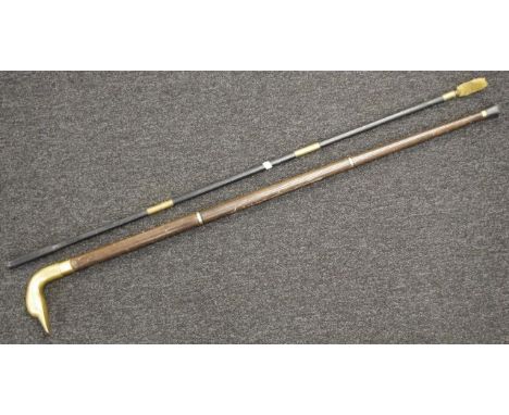 Vintage brass duck handle walking stick together with a antique gun cleaning rod