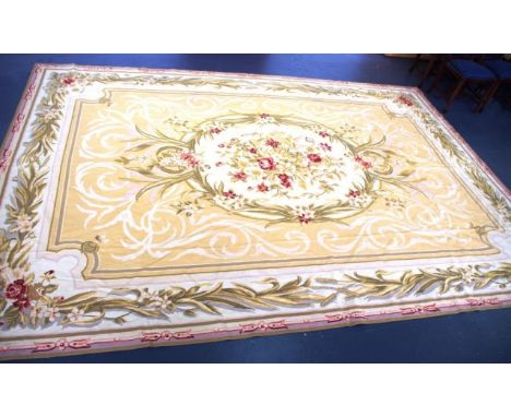 Large French floral tapestry floor rug in neutral back ground tones, 302cm X 405cm approx