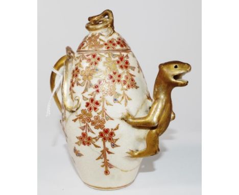 Early Japanese figural Satsuma teapot with dragon spout, 10.5cm high approx., restoration.