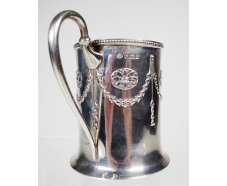 Edward VII sterling silver baptism mug Sheffield 1907, makers William Hutton &amp; Sons, embossed garland decoration, gilt wa