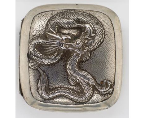 Antique Chinese export silver cigarette case by Wang Hing, chased and repousse decorated with a dragon, gilt wash interior. M