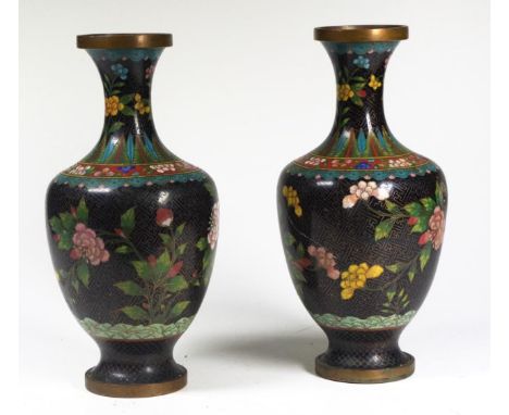 Pair vintage Chinese cloisonne mantle vases floral decoration on black ground, (height 25cm approx, each).