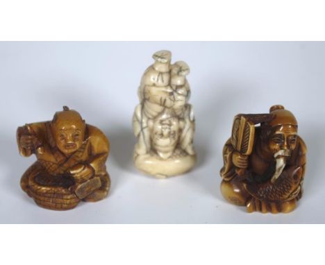 Three antique carved Japanese netsuke figures including ivory, signed to bases, (height 5cm approx, average each).