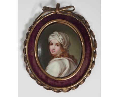 Vintage ceramic portrait miniature portrait of a woman on oval ceramic plaque, (possibly Royal Vienna porcelain), in antique 