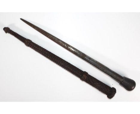 Vintage steel rope splicing fid in hand plaited sheath, (length 40cm approx, fid).