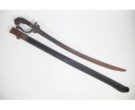 Vintage Indian sword with figural handle carved head figure to handle, with decorative metal hilt, (blade corroded), (length 