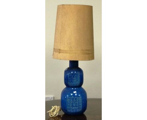 Retro Bitossi blue glaze pottery electric lamp together with shade, height 43cm approx, pottery base only 31cm approx