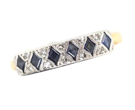 Diamond and sapphire set gold ring set with lozenge cut sapphires and round cut diamonds, unmarked. Approx weight 2.2 grams, 