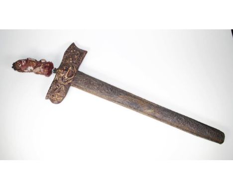 Good vintage Indonesian carved Kris carved deity figure to handle, with carved wood and brass sheath, (length 58cm approx, kr
