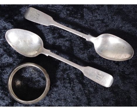 Sterling silver napkin ring and two teaspoons with various English hallmarks, 60grams approx