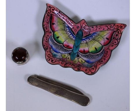 Vintage enamel butterfly form dish (width 10cm approx), together with a Victorian sterling silver pocket knife, Birmingham 18