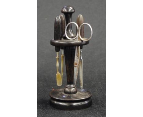 Ebony manicure stand &amp; tools 14.5cm high approx.