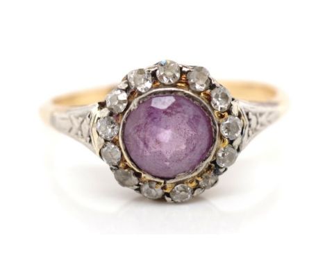 Antique amethyst and diamond set gold ring rubbed 18ct marks and untested. Approx weight 2.5 grams, ring size N