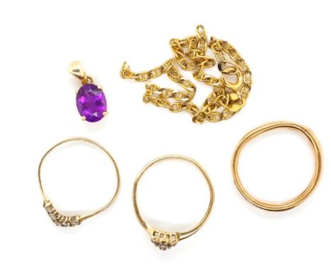 A group of gold for scrap or restoration includes 14ct and amethyst pendant, two marked 375 rings. Approx weight of marked go