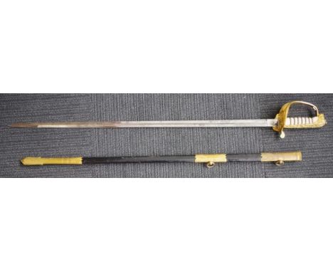 WWII Royal Navy midshipman's sword with scabbard, good condition, the locking clip engraved  "M.W. Clifford R.N.", 93cm long 