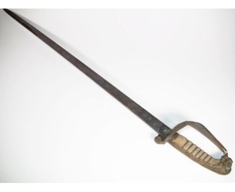 Antique Wilkinson naval ceremonial sword lion head form handle, brass hilt with embossed crown and anchor, to wood sheath, (s