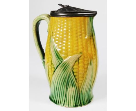 Vintage English lidded corn cob form milk jug hinged pewter lid to corn cob shape ceramic jug, (height 15cm approx).