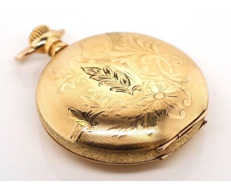 Elgin gold plated fob watch with an profusely engraved and engine turned case approx diameter 54mm . 15 jewel mechanical move