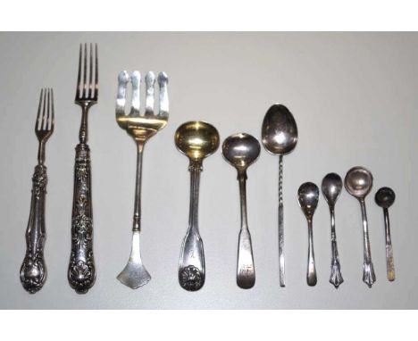 Quantity of antique &amp; vintage silver flatware including two 19th century sterling silver fruit forks, various  salt spoon