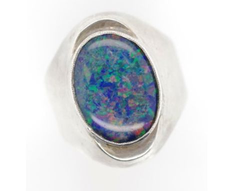 Australian sterling silver opal triplet ring marked stg with an engraved message to interior of shank. Approx weight 13.98 gr