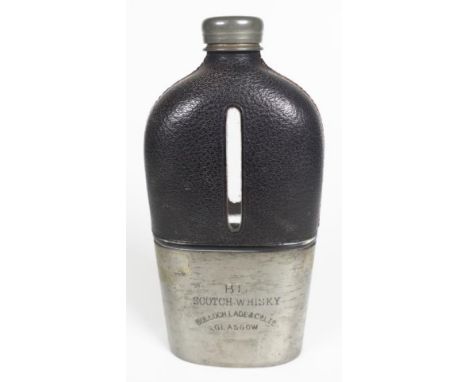 Vintage advertising pewter &amp; glass hip flask BL Scotch whisky, 18cm high approx.