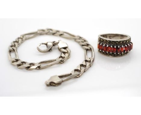 Sterling silver figaro bracelet and silver ring marked 925 to both approx 6mm chain width, 2mm gauge, 20cm length. Ring size 