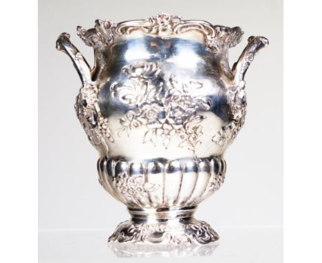 Vintage Continental silver embossed vase dual handled vase, embossed decoration, marked 800 to base, (height 10cm, weight 190