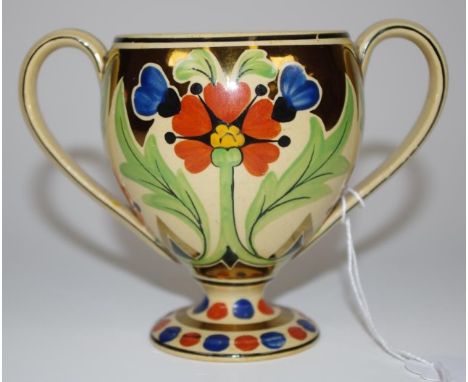 Vintage Wedgwood copper lustre two handle cup hand painted floral decoration, marked to base and # 5354, circa 1930s, (height