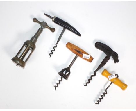 Collection of 5 vintage corkscrews including a blacksmith made figural corkscrew &amp; a horn handle