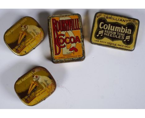 Three various vintage tins of record needles including 2 X HMV, and Columbia; together with a Bournville Cocoa tin vesta.