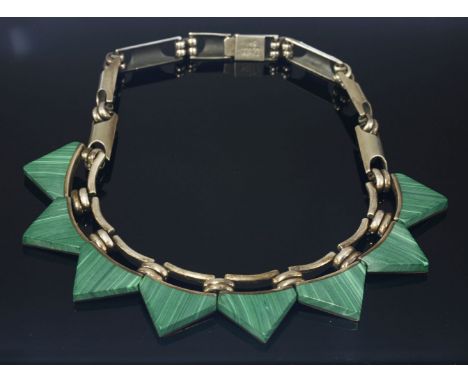 A sterling silver and malachite necklace by Taxco,with a centrepiece composed of a series of triangular malachite plaques, ea