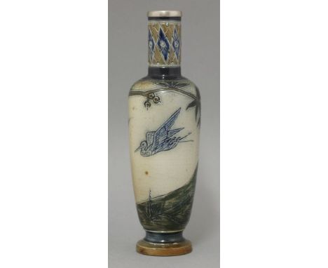 A Martin Brothers' stoneware vase,c.1880-90, incised with a crane flying amongst prunus and hills, silver-plated collar, insc