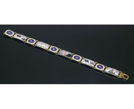 A sterling silver and enamel bracelet by David Andersen,with rectangular polychrome enamel guilloché scenes, each rectangular
